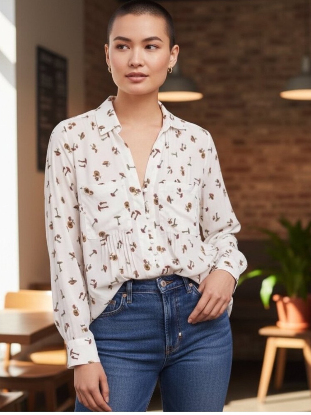 Anthropologie Maeve Matilda Fairy Mushroom Print Top Long Sleeve M